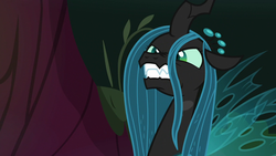 Size: 1280x720 | Tagged: safe, screencap, queen chrysalis, changeling, changeling queen, g4, the mean 6, angry, fangs, female, forest, former queen chrysalis, furious, gritted teeth, seething, solo