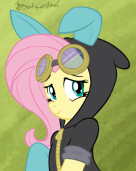 Size: 941x1185 | Tagged: safe, artist:soulcentinel, fluttershy, pegasus, pony, g4, bunny ears, clothes, costume, cute, dangerous mission outfit, female, goggles, green background, hoodie, looking at you, outfit, show accurate, shyabetes, simple background, smiling, solo