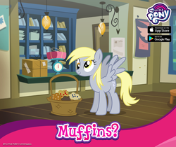 Size: 940x788 | Tagged: safe, gameloft, derpy hooves, pegasus, pony, g4, official, basket, bronybait, cute, derpabetes, female, food, mare, muffin, my little pony logo, talking to viewer, that one nameless background pony we all know and love, that pony sure does love muffins