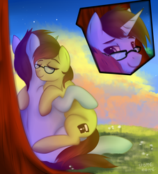 Size: 1819x2000 | Tagged: safe, artist:sinigam41, oc, oc:tinker doo, pony, unicorn, eyes closed, full body, gay, glasses, male, scenery, snuggling