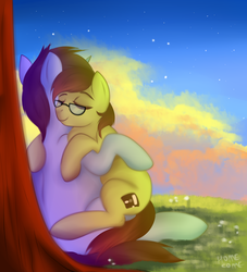 Size: 1819x2000 | Tagged: safe, artist:sinigam41, oc, oc:tinker doo, pony, unicorn, eyes closed, gay, glasses, hug, male, scenery, snuggling