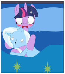 Size: 276x312 | Tagged: safe, artist:dekomaru, edit, trixie, twilight sparkle, pony, unicorn, g4, bandage, bed, blushing, cropped, female, lesbian, ship:twixie, shipping, sweat