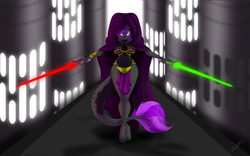 Size: 2500x1563 | Tagged: safe, artist:miniferu, oc, anthro, bikini, cloak, clothes, female, lightsaber, looking at you, sith, star wars, swimsuit, weapon