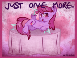 Size: 1280x960 | Tagged: safe, artist:krazykari, berry punch, berryshine, earth pony, pony, g4, alcohol, female, glass, prone, solo, table, wine