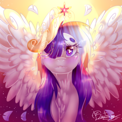 Size: 2000x2000 | Tagged: safe, artist:6-fingers-lover, twilight sparkle, alicorn, pony, g4, big crown thingy, blushing, chest fluff, crown, feather, female, high res, jewelry, regalia, solo, spread wings, twilight (astronomy), twilight at twilight, twilight sparkle (alicorn), wings