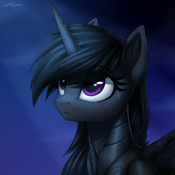 Size: 3000x3000 | Tagged: safe, artist:setharu, oc, oc only, alicorn, pony, alicorn oc, armor, cut, cute, eye scar, female, high res, looking up, mare, neck armor, night, purple eyes, scar