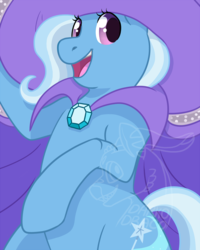 Size: 800x1000 | Tagged: safe, artist:darkodraco, trixie, pony, unicorn, g4, cape, clothes, cutie mark, female, happy, hat, looking at you, mare, open mouth, smiling, solo, standing, trixie's cape, trixie's hat