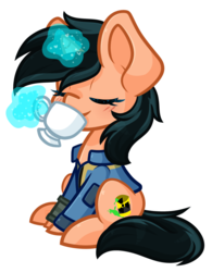 Size: 1024x1315 | Tagged: safe, artist:ak4neh, oc, oc only, oc:lumina, pony, unicorn, fallout equestria, blushing, chibi, clothes, cutie mark, eyes closed, fanfic, fanfic art, female, food, glowing horn, hooves, horn, jumpsuit, levitation, magic, mare, pipbuck, simple background, sitting, solo, tea, telekinesis, transparent background, vault suit