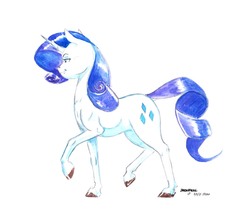 Size: 1400x1175 | Tagged: safe, artist:baron engel, rarity, pony, unicorn, g4, female, mare, raised hoof, simple background, smiling, solo, tempera, traditional art, walking, watercolor painting, white background