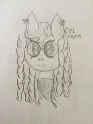 Size: 2448x3264 | Tagged: safe, artist:ice-star-pony, oc, oc only, oc:opal charm, crystal pony, pony, fanfic:the company we keep, alternate universe, bandana, bust, curly hair, doodle, fanfic, fanfic art, high res, monochrome, ringlets, smiling, solo, traditional art