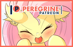Size: 804x518 | Tagged: safe, artist:phoenixperegrine, fluttershy, pegasus, pony, g4, :p, advertisement, blushing, cute, eyes closed, female, mare, patreon, patreon logo, shyabetes, silly, silly pony, solo, tongue out