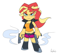 Size: 2296x2144 | Tagged: safe, artist:0ndshok, sunset shimmer, equestria girls, g4, anime, anime style, belly button, clothes, crossover, gun, high res, looking at you, midriff, panty and stocking with garterbelt, shorts, simple background, solo, tube top, weapon, white background