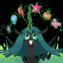 Size: 3000x3000 | Tagged: dead source, safe, artist:moonatik, queen chrysalis, changeling, changeling queen, g4, the mean 6, changeling slime, element of generosity, element of honesty, element of kindness, element of laughter, element of loyalty, element of magic, elements of harmony, evil grin, female, grin, high res, lightning, signature, smiling, solo