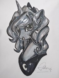 Size: 1500x2000 | Tagged: safe, artist:goldenrainynight, princess luna, alicorn, pony, g4, bust, female, mare, s1 luna, signature, smiling, solo, traditional art, younger
