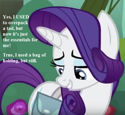 Size: 528x484 | Tagged: safe, edit, edited screencap, editor:korora, screencap, rarity, g4, the mean 6, bag of holding, camping, cropped, dialogue, forest, saddle bag, smiling, text