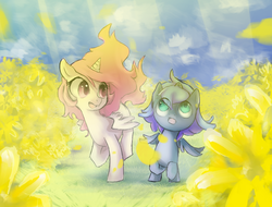 Size: 1124x852 | Tagged: safe, artist:nati789, princess celestia, princess luna, pony, g4, cewestia, cute, cutelestia, duo, female, filly, flower, looking at each other, looking at something, meadow, pink-mane celestia, royal sisters, running, scenery, woona, younger