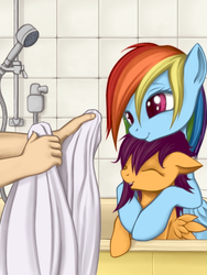 Size: 480x640 | Tagged: safe, artist:rainbow, color edit, edit, rainbow dash, scootaloo, human, pegasus, pony, g4, arms, bath, bathtub, colored, cute, cutealoo, dashabetes, eyes closed, female, filly, floppy ears, group, hand, happy, hug, mare, offscreen character, open mouth, scootalove, smiling, towel, wet, wet mane