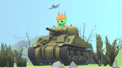 Size: 1366x768 | Tagged: safe, artist:windywhirlytwirly, oc, oc only, oc:windy whirls, deer, original species, peryton, 3d, bush, grass, m4 sherman, plane, rock, sherman (tank), solo, tank (vehicle), tree, vehicle