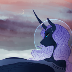 Size: 566x566 | Tagged: safe, artist:pumpkabooo, princess luna, alicorn, pony, alternate design, crescent moon, curved horn, ethereal mane, female, horn jewelry, jewelry, looking at something, mare, moon, solo, starry mane