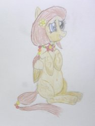 Size: 1024x1365 | Tagged: safe, artist:mildgyth, oc, oc only, oc:florist, pegasus, pony, belly button, female, flower, flower in hair, heterochromia, mare, simple background, sitting, solo, traditional art, white background
