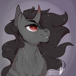 Size: 800x800 | Tagged: safe, artist:zakkurro, king sombra, pony, unicorn, g4, bust, chest fluff, curved horn, flowing mane, fluffy, horn, male, missing accessory, solo