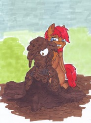 Size: 2600x3518 | Tagged: safe, artist:pzkratzer, oc, oc only, oc:night cloud, oc:ponygriff, bat pony, pony, ponygriff, covered, duo, high res, messy, mud, muddy, swamp, traditional art, wet and messy