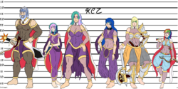 Size: 1024x512 | Tagged: safe, artist:korencz11, applejack, princess celestia, princess luna, rainbow dash, oc, oc:helios iscandor, oc:nebula iscandor, human, g4, abs, archer dash, arrow, axe, barefoot, bow (weapon), bow and arrow, cape, clothes, family, feet, group, height difference, height scale, humanized, kingdom of the desert sky, line-up, muscles, parent, sword, weapon
