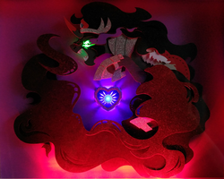 Size: 2848x2280 | Tagged: safe, artist:jiuweidehuli, king sombra, pony, umbrum, g4, angry, beautiful, craft, crystal heart, fangs, glowing, high res, male, papercraft, shadow, shadowbox, solo, sombra eyes, traditional art