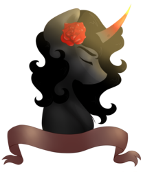 Size: 2834x3401 | Tagged: safe, artist:kisaradoesart16, king sombra, pony, unicorn, g4, banner, bust, eyes closed, female, femboy, flower, flower in hair, flowing mane, high res, male, mare, rose, simple background, solo, stupid sexy sombra, transparent background