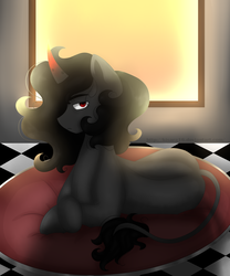 Size: 2834x3401 | Tagged: safe, artist:kisaradoesart16, king sombra, pony, g4, curved horn, grumpy, high res, horn, leonine tail, looking at you, male, messy mane, missing accessory, morning ponies, resting, solo, stupid sexy sombra