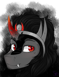 Size: 2000x2600 | Tagged: safe, artist:allisonbacker, king sombra, pony, g4, adorasexy, bust, curved horn, cute, cute little fangs, eyebrows, fangs, flowing mane, handsome, high res, horn, looking at you, male, sexy, sideburns, solo, sombradorable, stupid sexy sombra