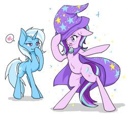 Size: 800x739 | Tagged: safe, artist:azurepicker, starlight glimmer, trixie, pony, unicorn, g4, belly button, bipedal, blushing, cape, clothes, female, floppy ears, hat, heart, lesbian, ship:startrix, shipping, simple background, trixie's cape, trixie's hat, white background