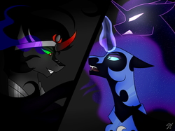 Size: 3937x2952 | Tagged: safe, artist:selcix, king sombra, nightmare moon, tantabus, g4, dark magic, female, high res, looking at each other, magic, male, ship:lumbra, shipping, sombra eyes, sombramoon, straight