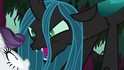 Size: 1280x720 | Tagged: safe, screencap, mean rarity, queen chrysalis, changeling, changeling queen, g4, the mean 6, angry, clone, demands, everfree forest, fangs, female, forest, former queen chrysalis, leaning forward, yelling