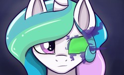 Size: 1200x730 | Tagged: safe, artist:heir-of-rick, princess celestia, alicorn, pony, g4, bust, dark magic, female, gradient background, looking at you, magic, mare, solo, sombra eyes