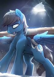 Size: 1626x2300 | Tagged: safe, artist:fidzfox, oc, oc only, oc:quicksilver, pegasus, pony, carrying, commission, digital art, hole, log, male, open mouth, solo, stallion