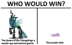 Size: 769x482 | Tagged: safe, mean twilight sparkle, queen chrysalis, g4, my little pony: friendship is magic, the mean 6, clone, exploitable meme, meme, stick, twilog, vector, who would win, wood