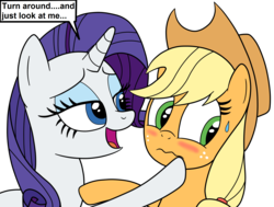 Size: 2121x1605 | Tagged: safe, artist:eagc7, applejack, rarity, earth pony, pony, unicorn, g4, bedroom eyes, blushing, dialogue, duo, female, hat, hooves, imminent kissing, lesbian, ship:rarijack, shipping, simple background, sweat, text, transparent background