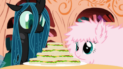 Size: 800x450 | Tagged: safe, artist:mixermike622, edit, edited screencap, screencap, queen chrysalis, oc, oc:fluffle puff, changeling, changeling queen, earth pony, pony, g4, the mean 6, adorkable, alternate timeline, alternate universe, animated, canon x oc, comparison, cute, cutealis, disgusted, dork, dorkalis, everfree forest, eye twitch, faic, fanon, female, flufflebetes, food, gif, golden oaks library, happy, lesbian, mare, open mouth, sandwich, self paradox, self ponidox, ship:chrysipuff, shipping, shocked, silly, smiling, subversion, traumatized, trio