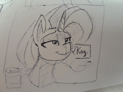Size: 2576x1932 | Tagged: safe, artist:post-it, rarity, pony, unicorn, g4, bust, female, lidded eyes, mare, sketch, smiling, solo, traditional art