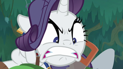 Size: 1280x720 | Tagged: safe, screencap, mean rarity, pony, unicorn, g4, the mean 6, clone, crosscut saw, everfree forest, faic, female, fishing rod, floppy ears, glare, greedity, gritted teeth, mare, messy mane, possessive, saw, scowl, shovel, solo, threatening