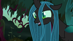 Size: 1280x720 | Tagged: safe, screencap, queen chrysalis, changeling, changeling queen, g4, the mean 6, everfree forest, eye twitch, female, forest, former queen chrysalis, irritated, open mouth, solo