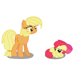 Size: 2500x2000 | Tagged: safe, artist:sodadoodle, derpibooru exclusive, apple bloom, applejack, g4, alternate cutie mark, alternate hairstyle, alternate universe, angry, apple bloom's bow, bow, dishonorapple, female, food, hair bow, hair tie, high res, looking down, mare, orange, sad, satsuma jack, shadow, short hair, short mane, show accurate, simple background, transparent background, vector