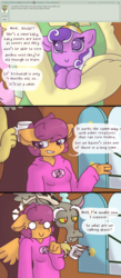 Size: 2124x4852 | Tagged: safe, artist:synnibear03, discord, fluttershy, scootaloo, screwball, anthro, comic:ponytale, g4, clothes, coffee, comic, dialogue, female, hoodie, male