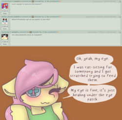 Size: 2073x2043 | Tagged: safe, artist:synnibear03, fluttershy, oc, oc:ponytale fluttershy, anthro, comic:ponytale, g4, eyepatch, female, high res, solo