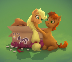 Size: 1386x1191 | Tagged: safe, artist:gor1ck, applejack, oc, oc:wit ray, earth pony, pony, g4, box, cardboard box, confused, cowboy hat, doll, female, hat, head, looking at each other, male, mare, modular, packing peanuts, sitting, smiling, stallion, stetson, toy