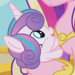 Size: 1080x1080 | Tagged: safe, screencap, princess cadance, princess flurry heart, pony, g4, once upon a zeppelin, animated, baby, baby pony, cropped, cute, female, flurrybetes, gif, hoofy-kicks, mother and daughter