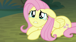 Size: 1920x1080 | Tagged: safe, screencap, fluttershy, pegasus, pony, g4, the mean 6, crying, cute, female, floppy ears, mare, poor fluttershy, prone, sad, sadorable, shyabetes, solo