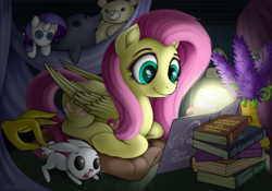 Size: 2700x1890 | Tagged: safe, artist:awalex, angel bunny, discord, fluttershy, rarity, dolphin, g4, book, button eyes, cute, flower, lamp, lantern, plushie, rarity plushie, reading, shyabetes, surprised, tail, tail pull, teddy bear, wide eyes