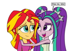 Size: 2592x1716 | Tagged: safe, artist:eagc7, aria blaze, sunset shimmer, equestria girls, g4, my little pony equestria girls: rainbow rocks, bare shoulders, bedroom eyes, clothes, dialogue, female, imminent kissing, lesbian, shipping, simple background, sleeveless, strapless, sunblaze, text, transparent background